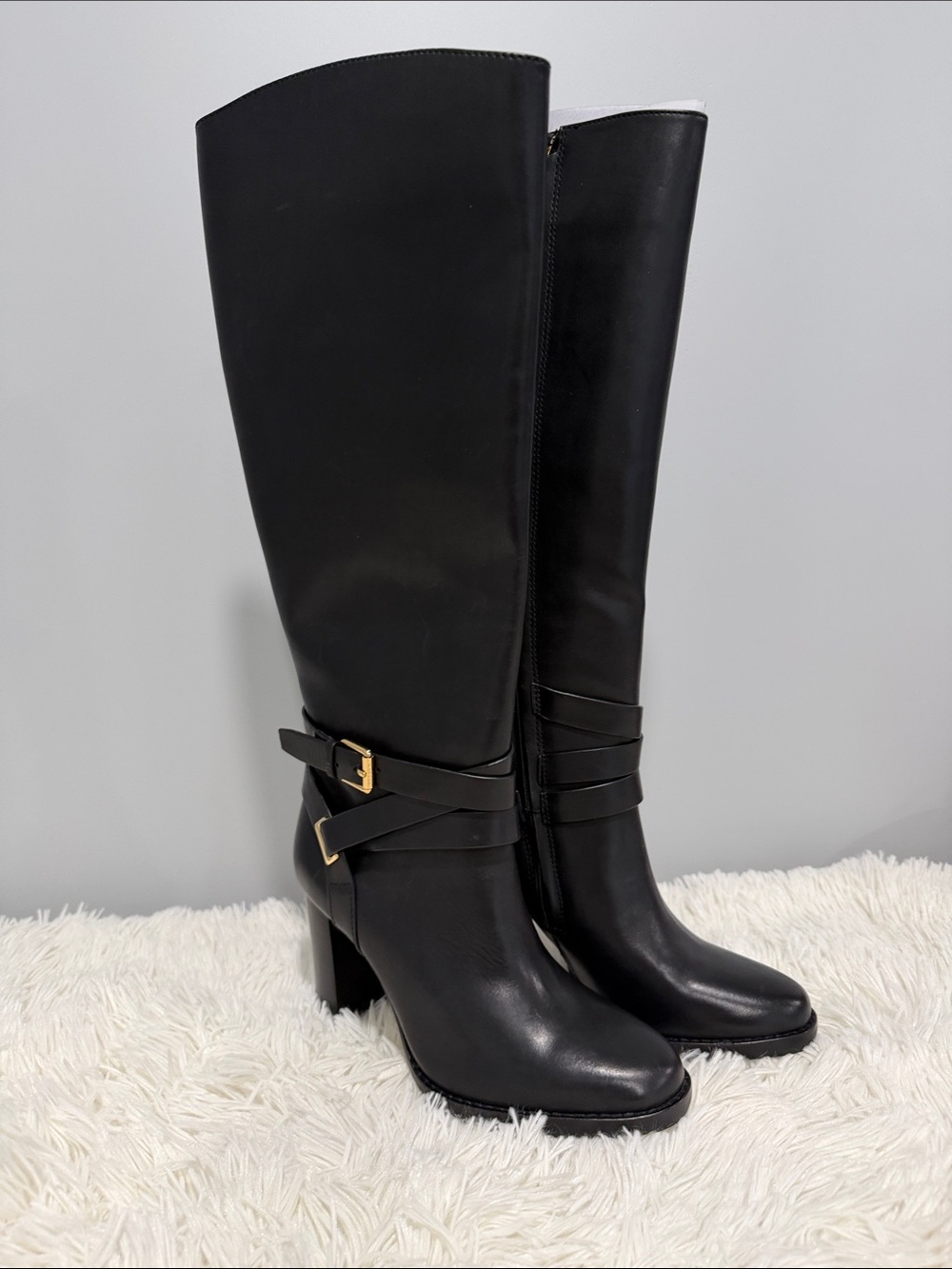 Lauren Ralph Lauren Black Knee-High Leather Heeled Boots with Buckle Strap